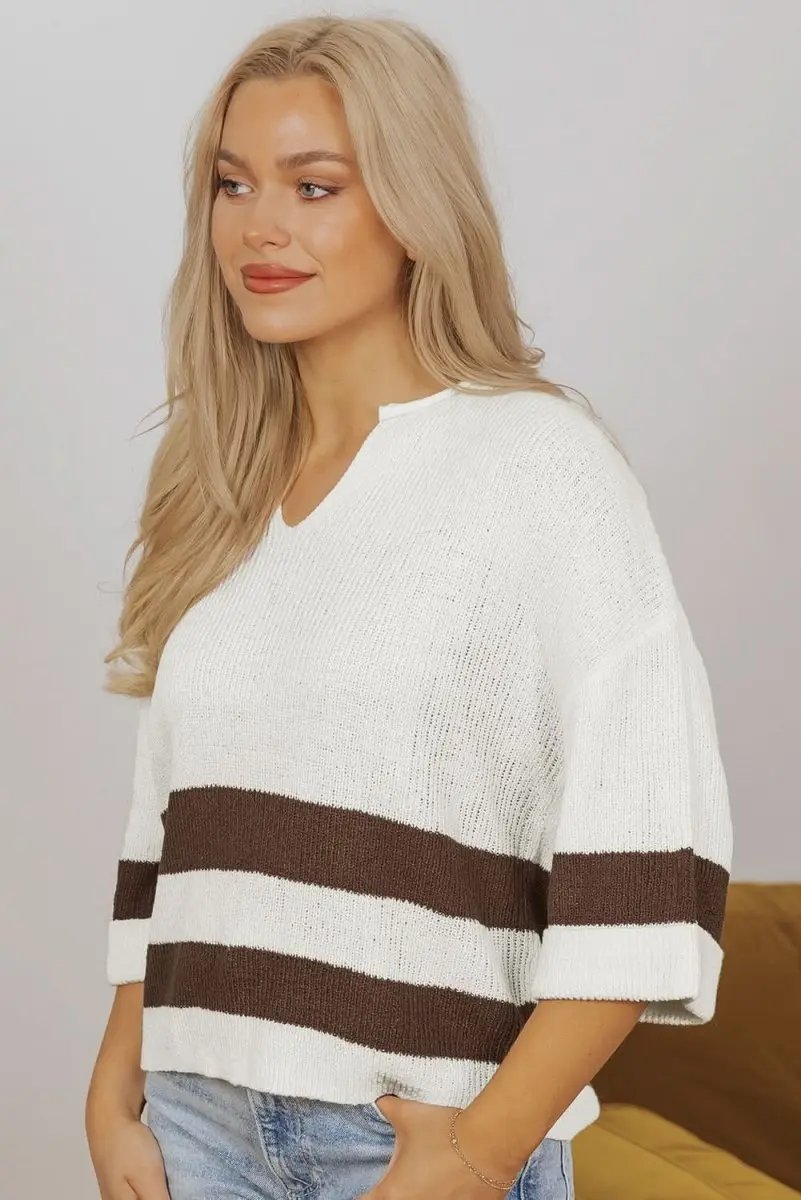 Brown Striped Accent Notched V Neck Cropped Sweater T Shirt - Love Salve